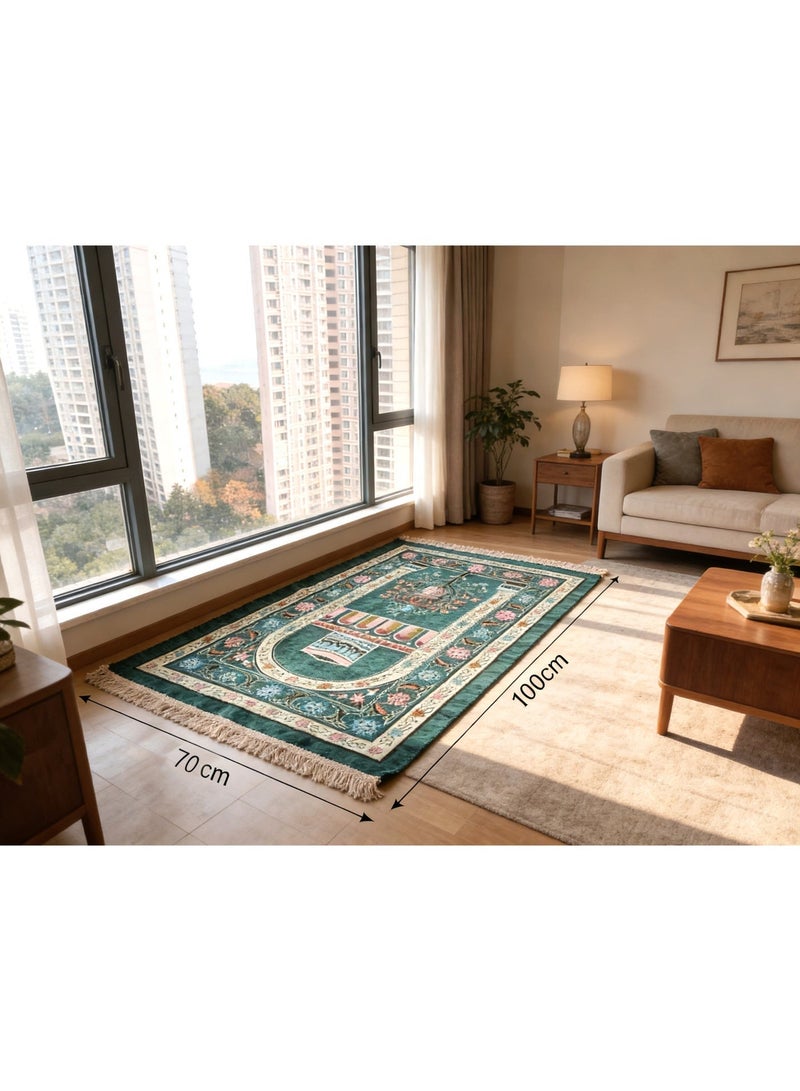 AuliceVerse Ramadan Gift Muslim Prayer Rug and Beads Set with Portable Slub Fabric Bag | Janamaz Sajadah Soft Islamic Prayer Mat gift set in Green - Image 1